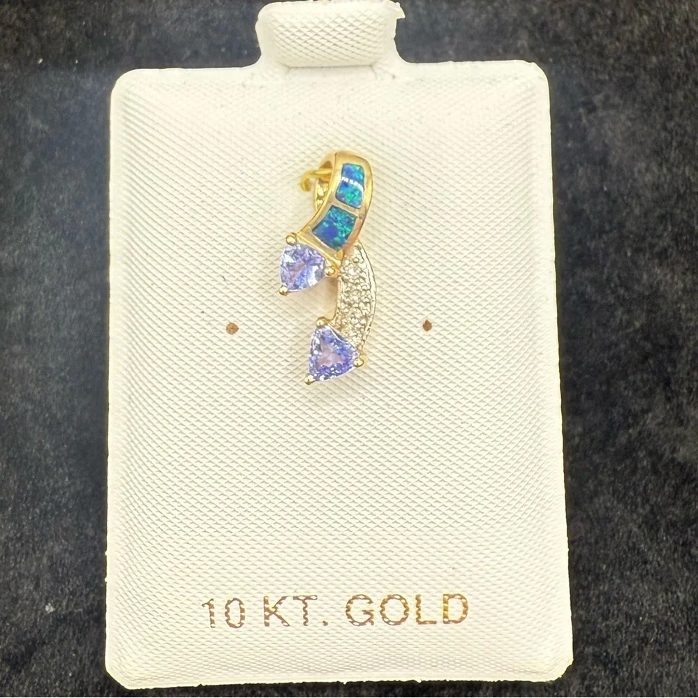 Vintage 10K Yellow Gold Opal Diamond Tanzanite slide Pendant